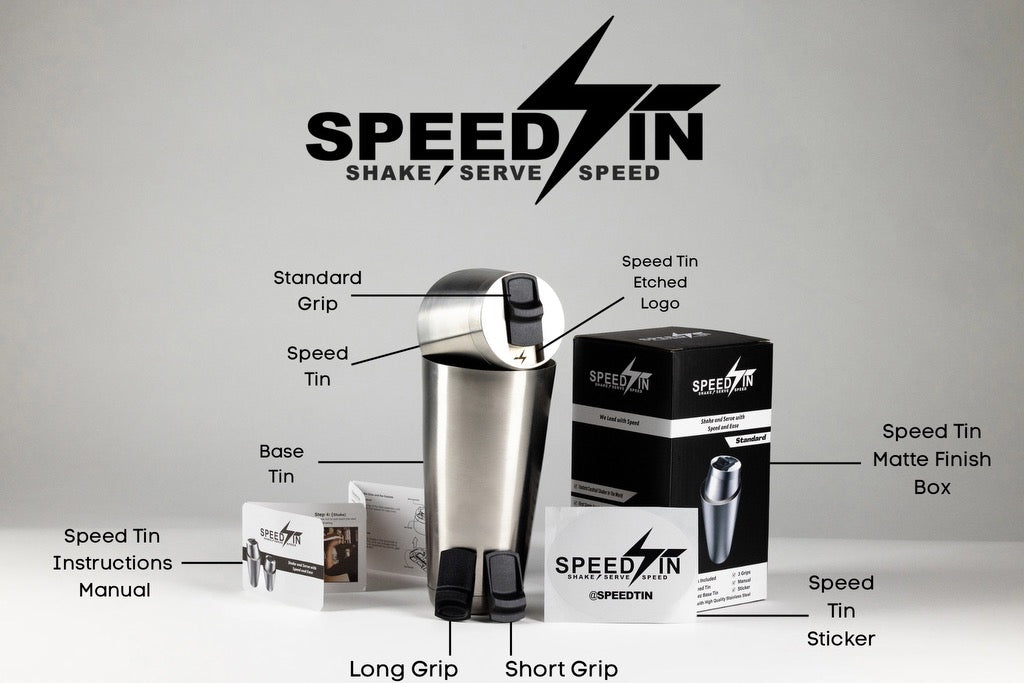 What is in the box: Speed Tin one-handed cocktail shaker with standard grip, base tin, long and short grips, instructions, sticker, and matte finish box