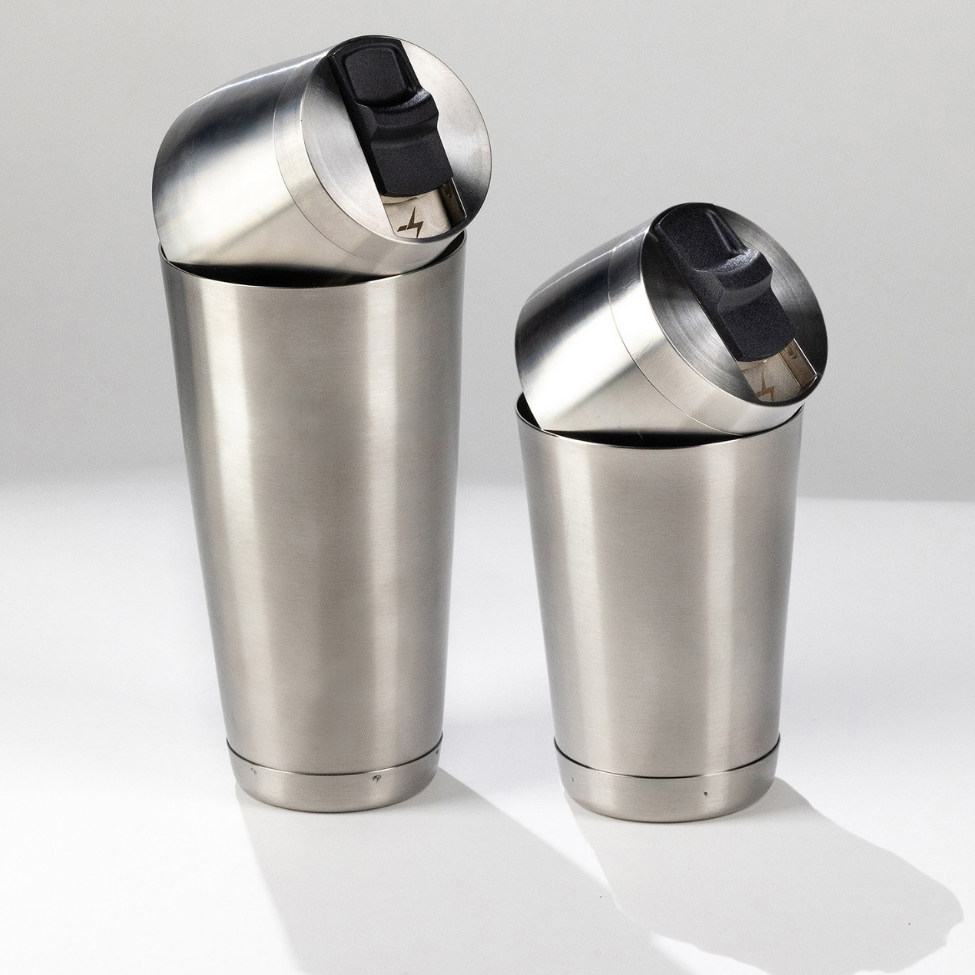 Speed Tin Standard 28oz and 2.0 16oz one-handed cocktail shakers side by side